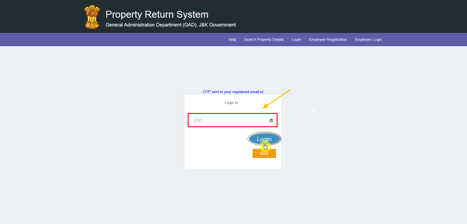 enter the OTP and then click on Login button-property return portal